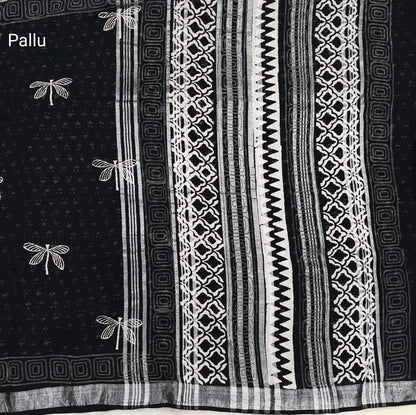 Black block printed linen cotton saree with double side silver zari borders (lightweight,soft) printed pallu with silver zari stripes, plain running blouse with borders. NS60