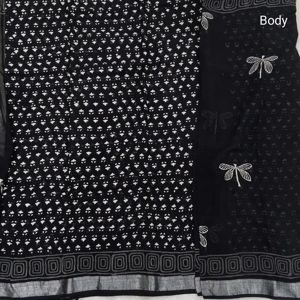 Black block printed linen cotton saree with double side silver zari borders (lightweight,soft) printed pallu with silver zari stripes, plain running blouse with borders. NS60