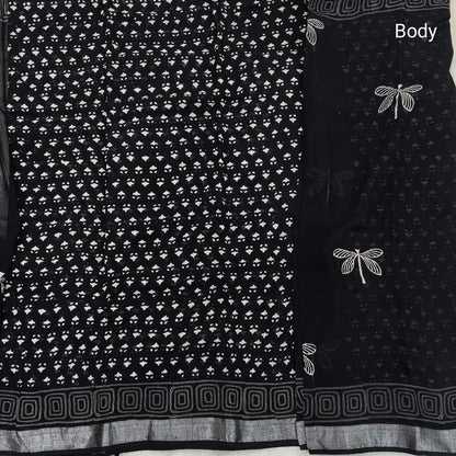 Black block printed linen cotton saree with double side silver zari borders (lightweight,soft) printed pallu with silver zari stripes, plain running blouse with borders. NS60