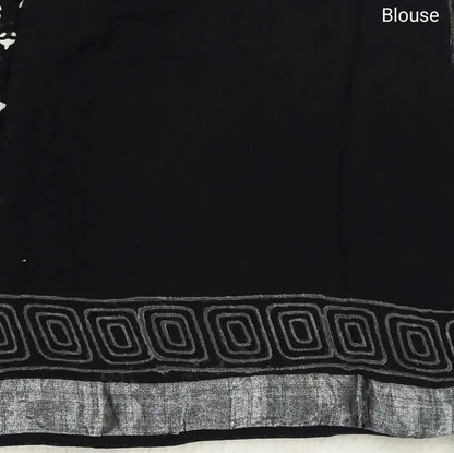 Black block printed linen cotton saree with double side silver zari borders (lightweight,soft) printed pallu with silver zari stripes, plain running blouse with borders. NS60