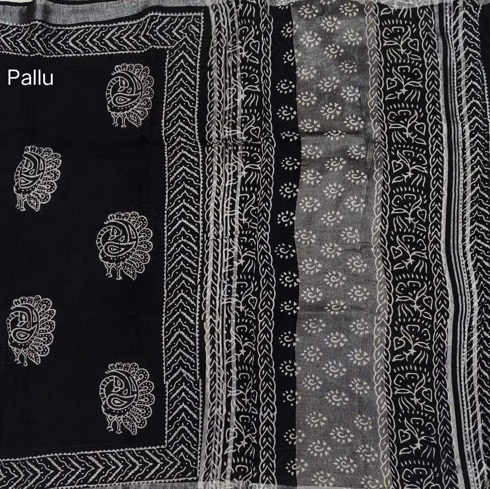 Black block printed linen cotton saree with double side silver zari borders (lightweight,soft) printed pallu with silver zari stripes, plain running blouse with borders. NS61