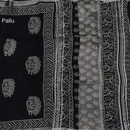 Black block printed linen cotton saree with double side silver zari borders (lightweight,soft) printed pallu with silver zari stripes, plain running blouse with borders. NS61