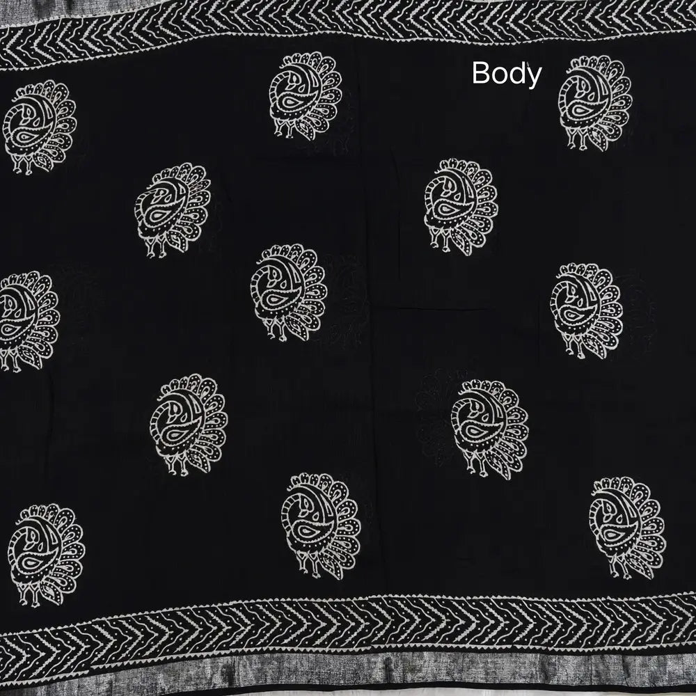 Black block printed linen cotton saree with double side silver zari borders (lightweight,soft) printed pallu with silver zari stripes, plain running blouse with borders. NS61