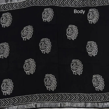 Black block printed linen cotton saree with double side silver zari borders (lightweight,soft) printed pallu with silver zari stripes, plain running blouse with borders. NS61