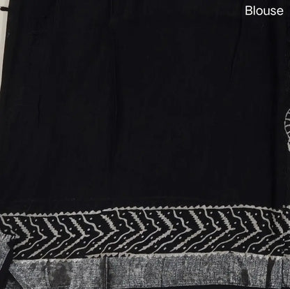 Black block printed linen cotton saree with double side silver zari borders (lightweight,soft) printed pallu with silver zari stripes, plain running blouse with borders. NS61