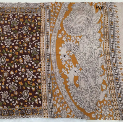 Dark maroon kalamkari hand block printed cotton saree, printed pallu and kalamkari printed blouse with borders. INCONSISTENT PRINTS AND DYES ARE NOT DEFECTS.NS64