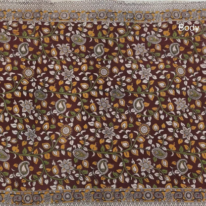 Dark maroon kalamkari hand block printed cotton saree, printed pallu and kalamkari printed blouse with borders. INCONSISTENT PRINTS AND DYES ARE NOT DEFECTS.NS64