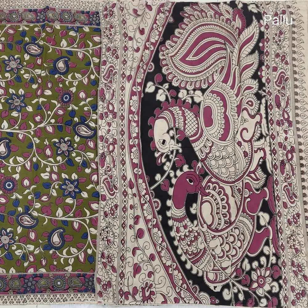 Mehandhi Green kalamkari hand block printed cotton saree, printed pallu and kalamkari printed blouse with borders. INCONSISTENT PRINTS AND DYES ARE NOT DEFECTS.NS66