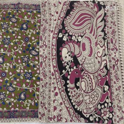 Mehandhi Green kalamkari hand block printed cotton saree, printed pallu and kalamkari printed blouse with borders. INCONSISTENT PRINTS AND DYES ARE NOT DEFECTS.NS66