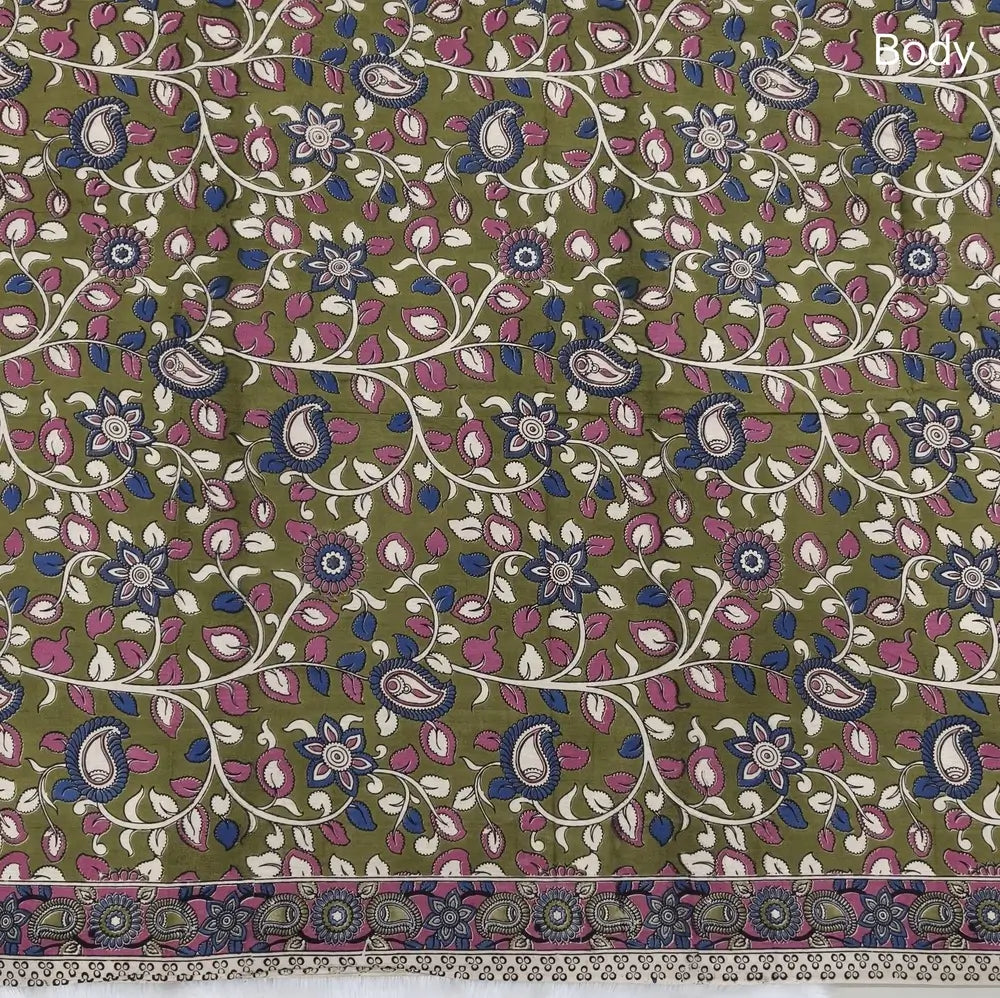 Mehandhi Green kalamkari hand block printed cotton saree, printed pallu and kalamkari printed blouse with borders. INCONSISTENT PRINTS AND DYES ARE NOT DEFECTS.NS66