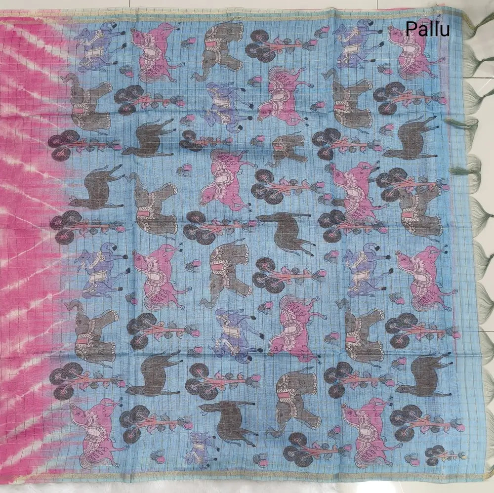 Bright pink with sky blue shibori printed soft silk cotton saree with zari checks all over, contrast animal prints on pallu, contrast running blouse with zari chceks and borders.NS72