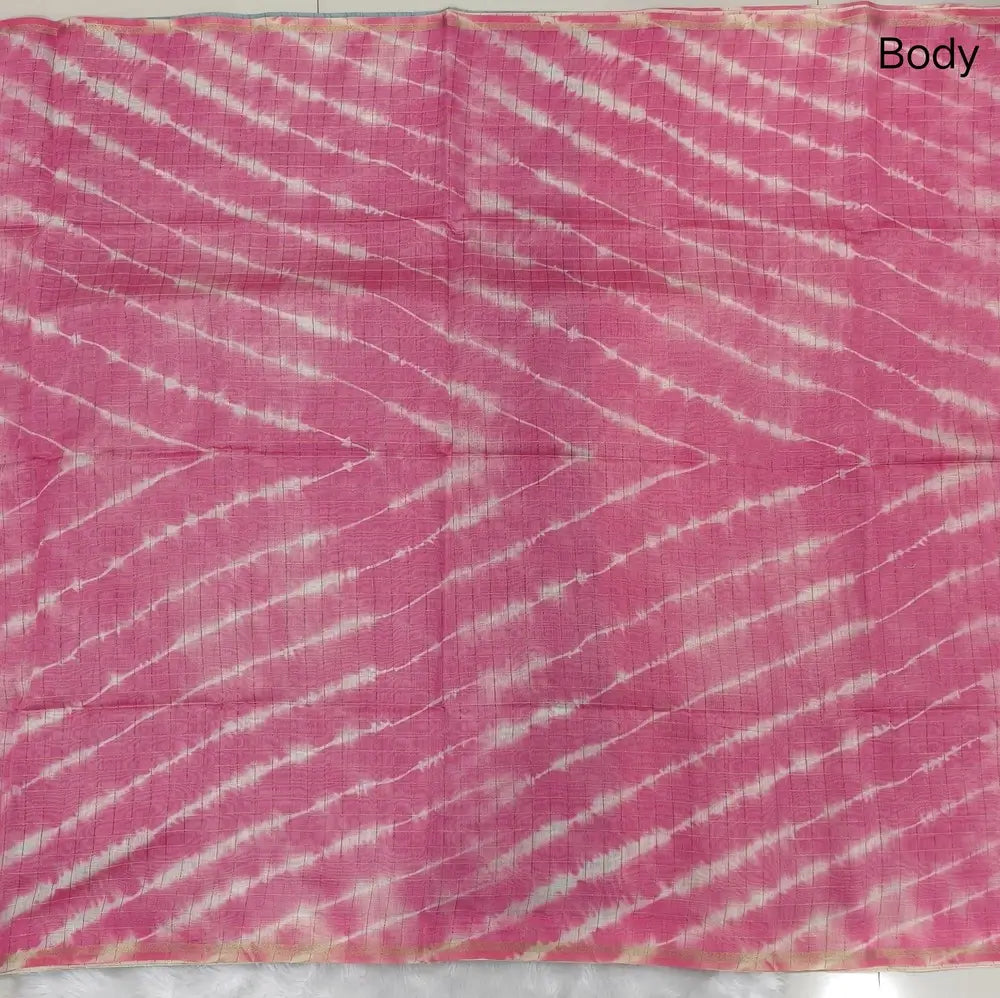 Bright pink with sky blue shibori printed soft silk cotton saree with zari checks all over, contrast animal prints on pallu, contrast running blouse with zari chceks and borders.NS72