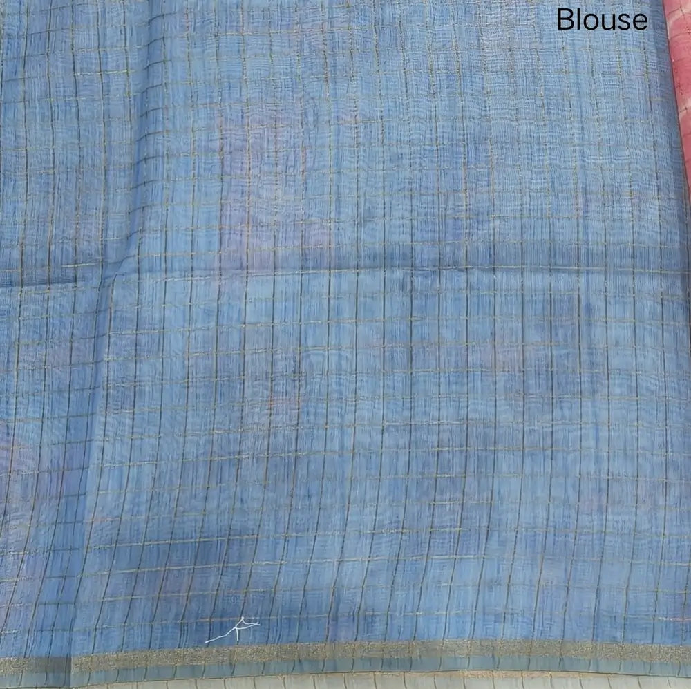 Bright pink with sky blue shibori printed soft silk cotton saree with zari checks all over, contrast animal prints on pallu, contrast running blouse with zari chceks and borders.NS72
