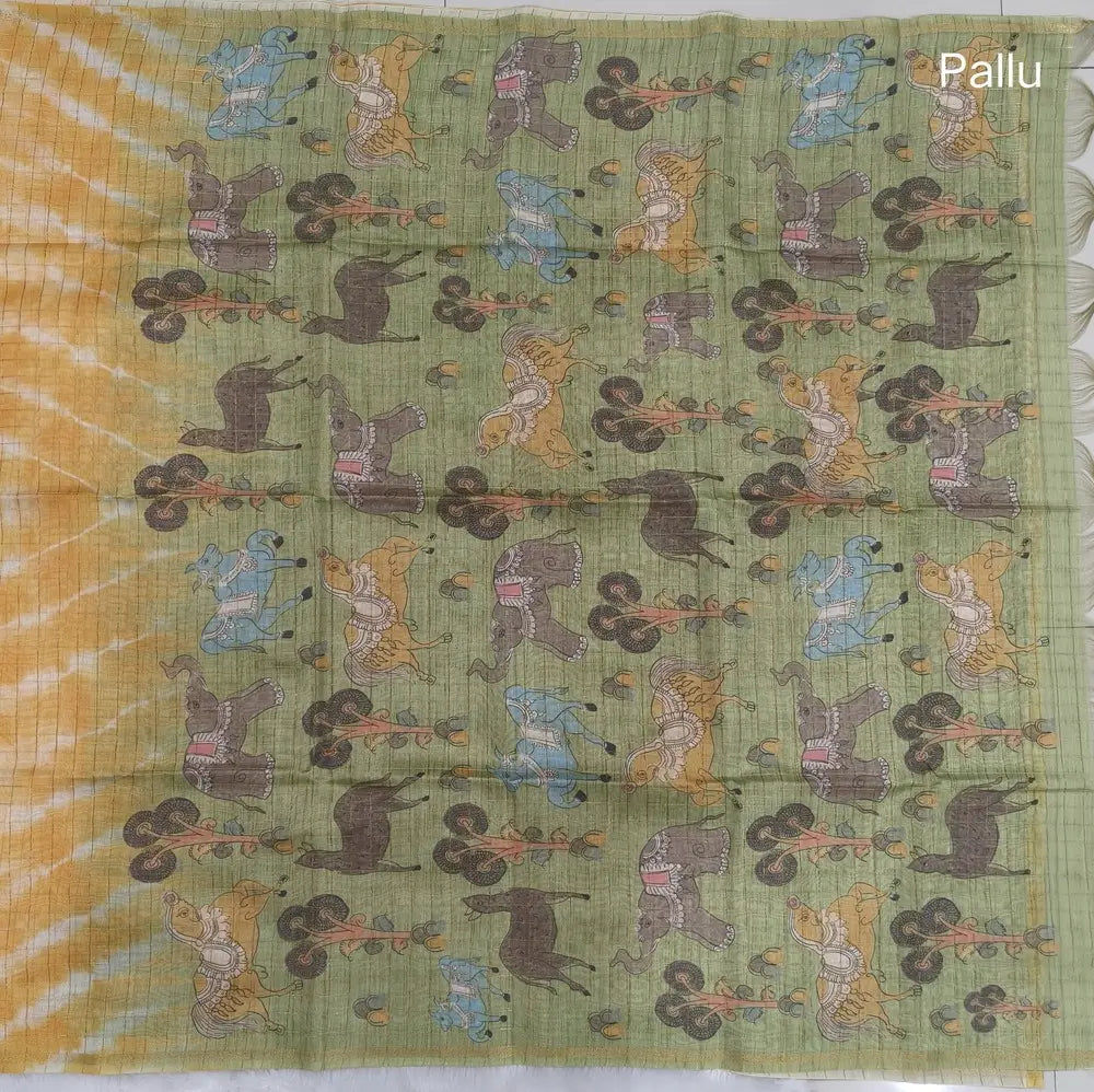 Yellow with pastel green shibori printed soft silk cotton saree with zari checks all over, contrast animal prints on pallu, contrast running blouse with zari chceks and borders.NS68