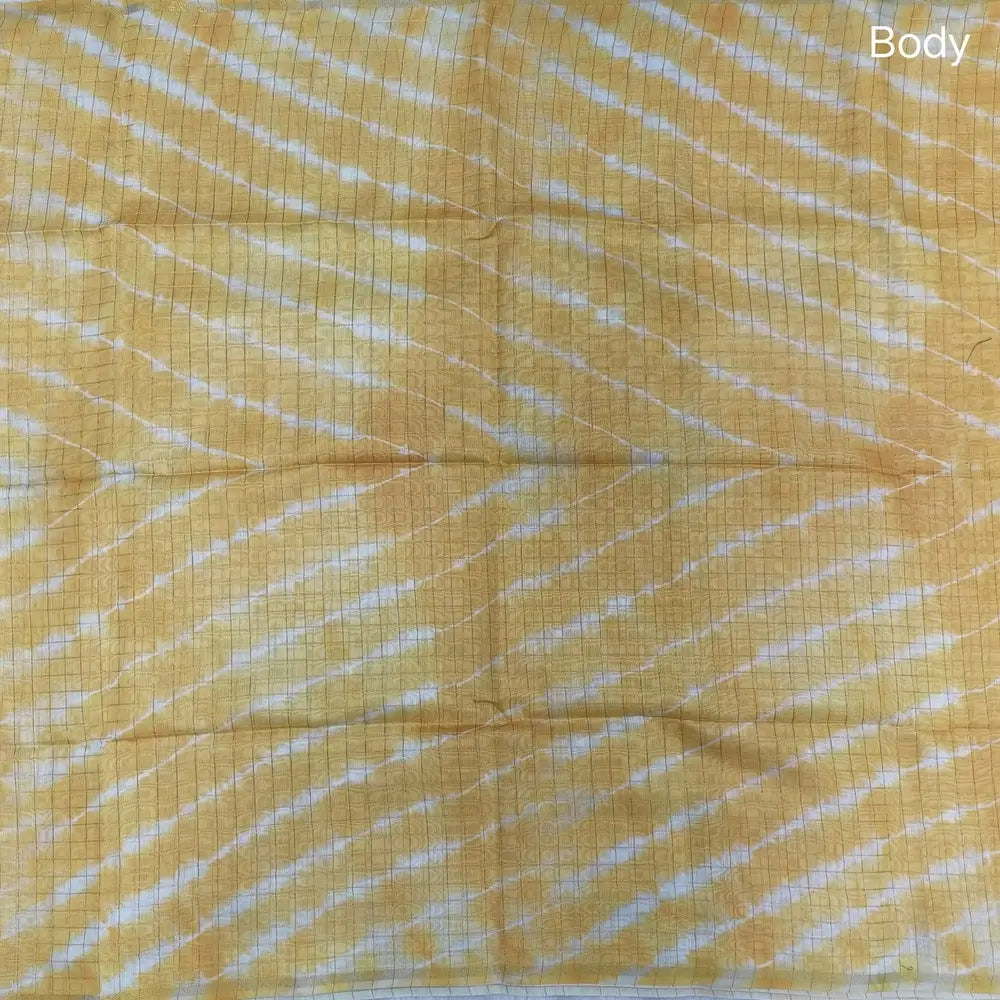 Yellow with pastel green shibori printed soft silk cotton saree with zari checks all over, contrast animal prints on pallu, contrast running blouse with zari chceks and borders.NS68