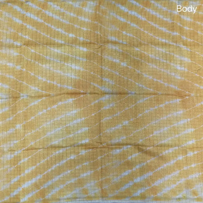 Yellow with pastel green shibori printed soft silk cotton saree with zari checks all over, contrast animal prints on pallu, contrast running blouse with zari chceks and borders.NS68