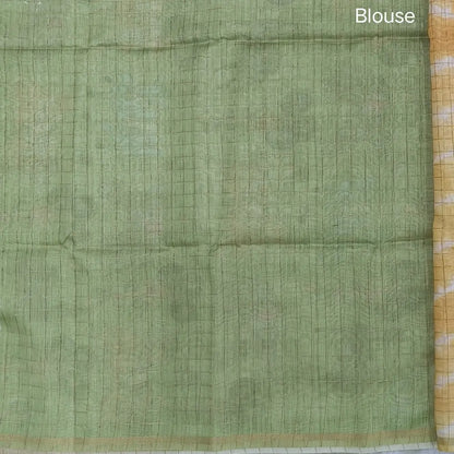 Yellow with pastel green shibori printed soft silk cotton saree with zari checks all over, contrast animal prints on pallu, contrast running blouse with zari chceks and borders.NS68