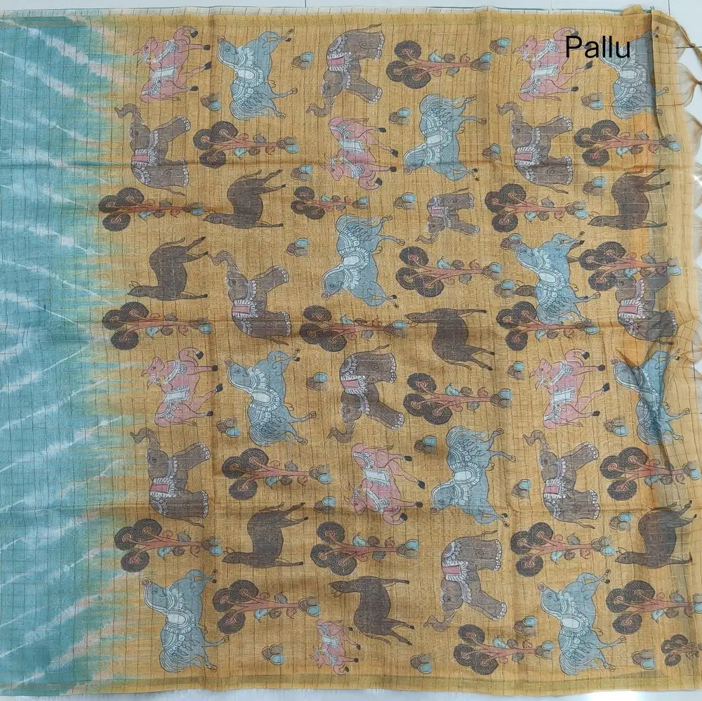 Sea green with pastel yellow shibori printed soft silk cotton saree with zari checks all over, contrast animal prints on pallu, contrast running blouse with zari chceks and borders.NS70