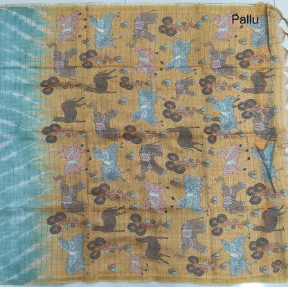 Sea green with pastel yellow shibori printed soft silk cotton saree with zari checks all over, contrast animal prints on pallu, contrast running blouse with zari chceks and borders.NS70
