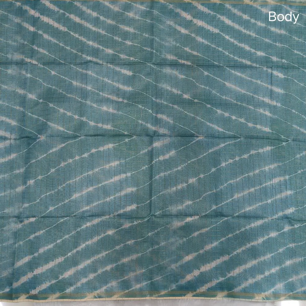 Sea green with pastel yellow shibori printed soft silk cotton saree with zari checks all over, contrast animal prints on pallu, contrast running blouse with zari chceks and borders.NS70