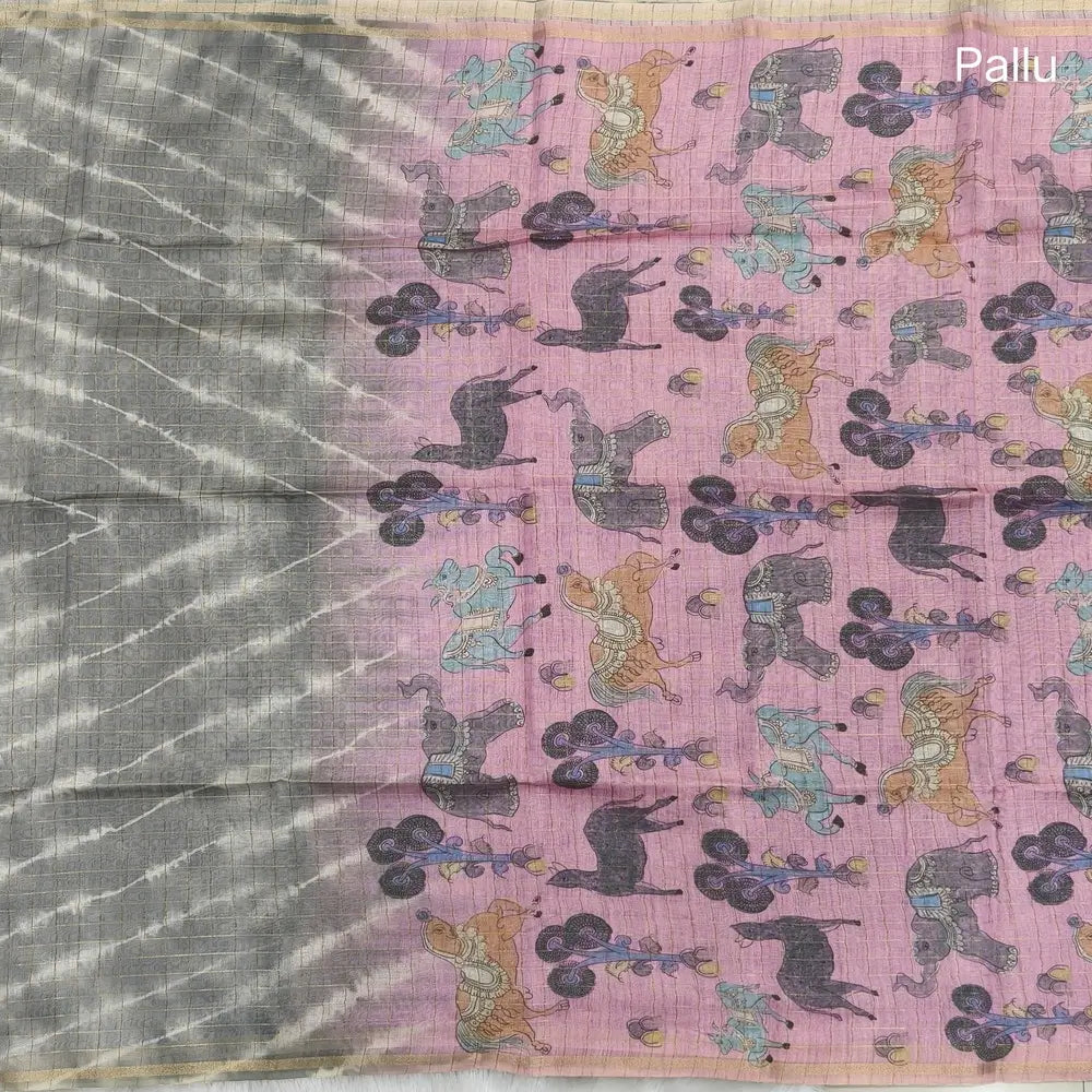 Light grey with pastel pink shibori printed soft silk cotton saree with zari checks all over, contrast animal prints on pallu, contrast running blouse with zari chceks and borders.NS67
