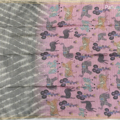 Light grey with pastel pink shibori printed soft silk cotton saree with zari checks all over, contrast animal prints on pallu, contrast running blouse with zari chceks and borders.NS67