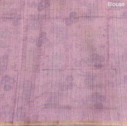 Light grey with pastel pink shibori printed soft silk cotton saree with zari checks all over, contrast animal prints on pallu, contrast running blouse with zari chceks and borders.NS67