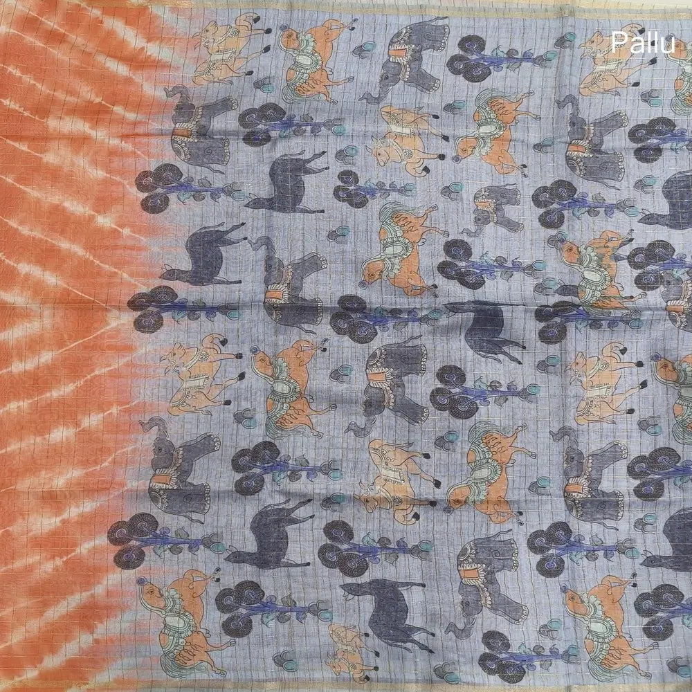Orange with powder blue shibori printed soft silk cotton saree with zari checks all over, contrast animal prints on pallu, contrast running blouse with zari chceks and borders.NS69