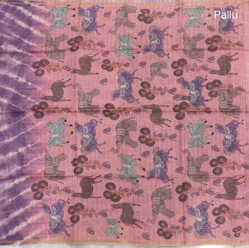 Purple with pink shibori printed soft silk cotton saree with zari checks all over, contrast animal prints on pallu, contrast running blouse with zari chceks and borders.NS71