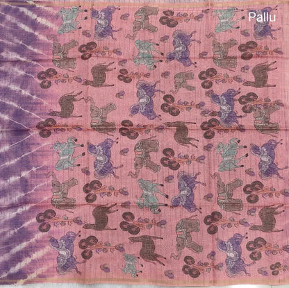 Purple with pink shibori printed soft silk cotton saree with zari checks all over, contrast animal prints on pallu, contrast running blouse with zari chceks and borders.NS71