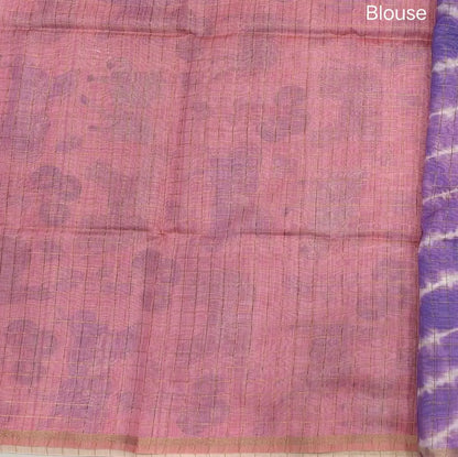 Purple with pink shibori printed soft silk cotton saree with zari checks all over, contrast animal prints on pallu, contrast running blouse with zari chceks and borders.NS71