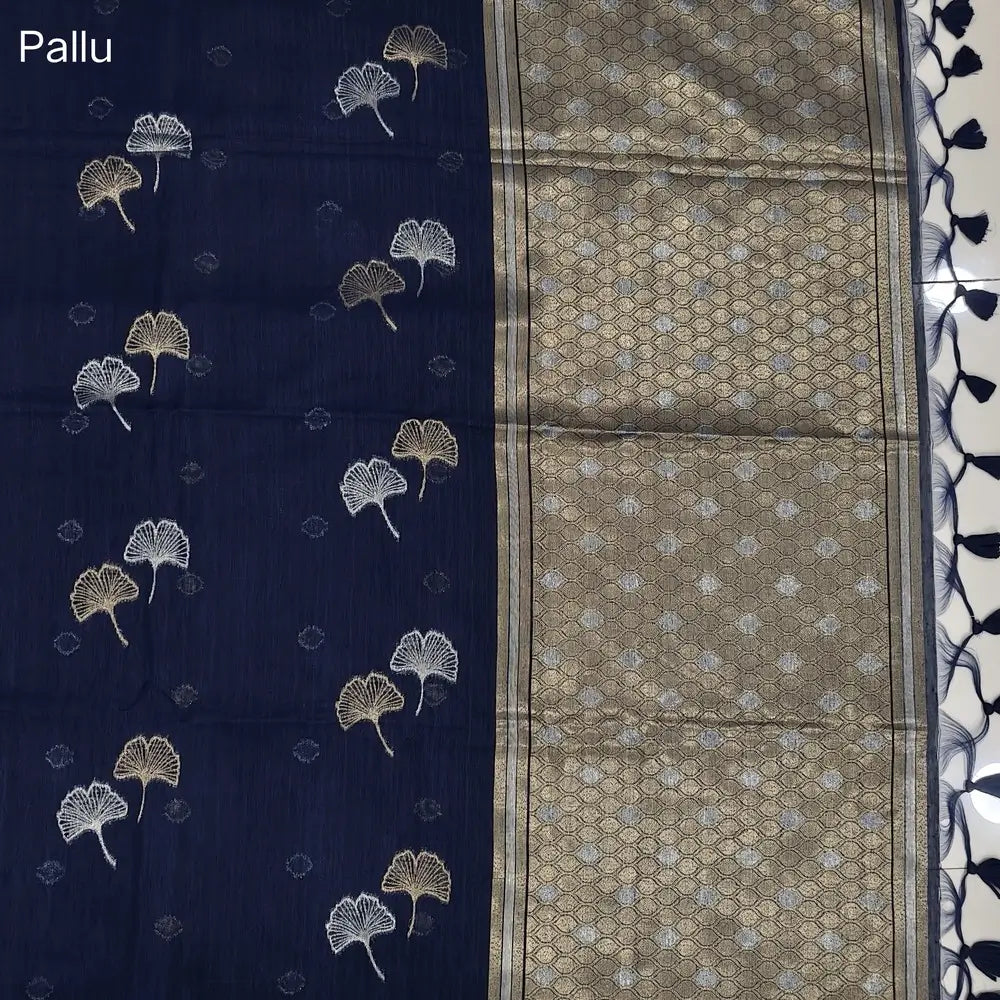 Dark blue premium tussar jamdani saree with gold and silver zari weaving all over, rich weaving on pallu, running blouse with zari woven buttas and borders. NS78