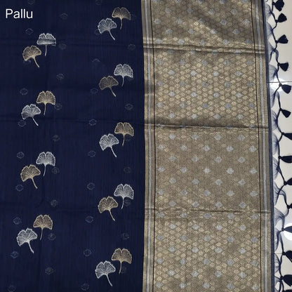 Dark blue premium tussar jamdani saree with gold and silver zari weaving all over, rich weaving on pallu, running blouse with zari woven buttas and borders. NS78