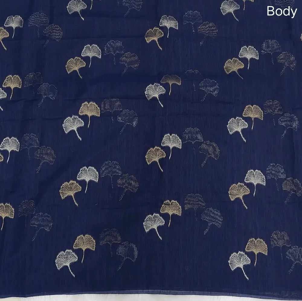 Dark blue premium tussar jamdani saree with gold and silver zari weaving all over, rich weaving on pallu, running blouse with zari woven buttas and borders. NS78