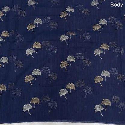 Dark blue premium tussar jamdani saree with gold and silver zari weaving all over, rich weaving on pallu, running blouse with zari woven buttas and borders. NS78
