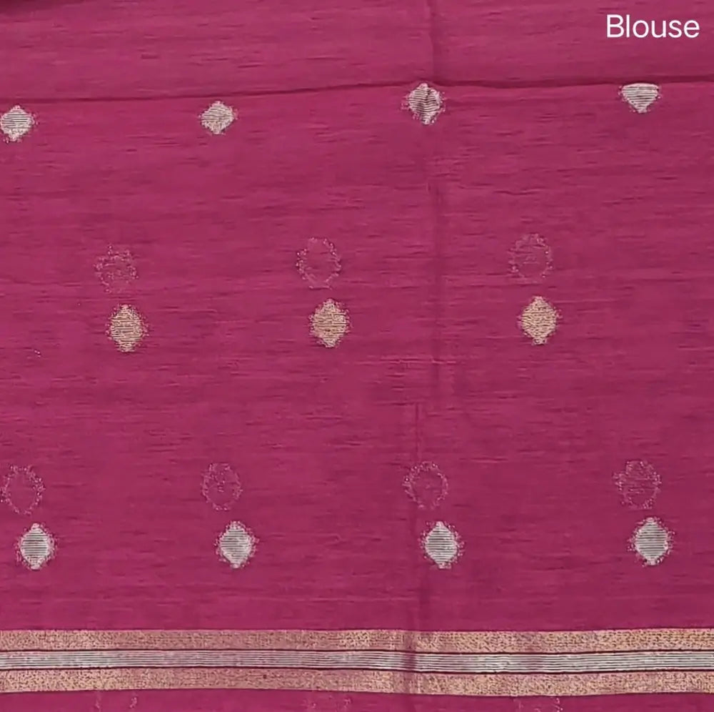 Bright pink premium tussar jamdani saree with gold and silver zari weaving all over, rich weaving on pallu, running blouse with zari woven buttas and borders. NS74