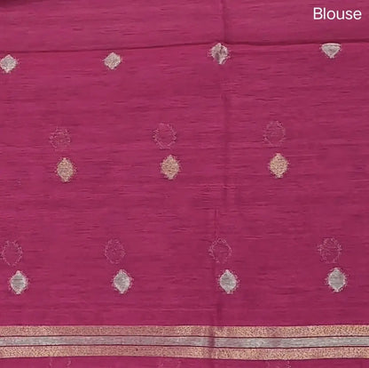 Bright pink premium tussar jamdani saree with gold and silver zari weaving all over, rich weaving on pallu, running blouse with zari woven buttas and borders. NS74