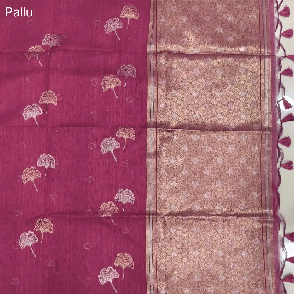 Bright pink premium tussar jamdani saree with gold and silver zari weaving all over, rich weaving on pallu, running blouse with zari woven buttas and borders. NS74