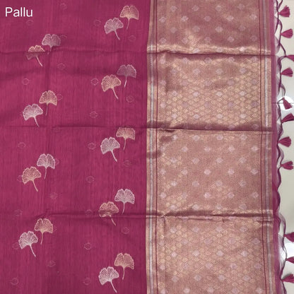 Bright pink premium tussar jamdani saree with gold and silver zari weaving all over, rich weaving on pallu, running blouse with zari woven buttas and borders. NS74