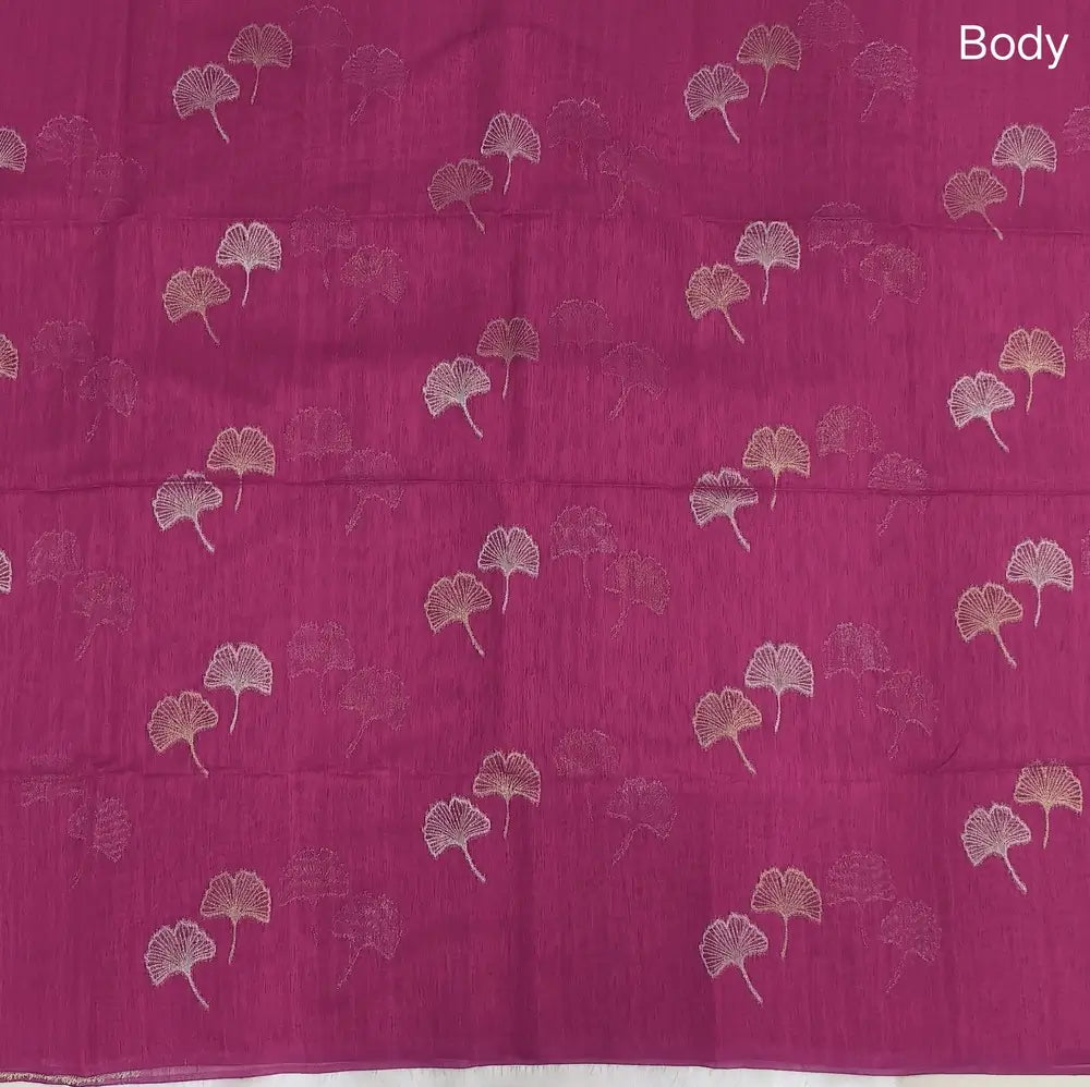 Bright pink premium tussar jamdani saree with gold and silver zari weaving all over, rich weaving on pallu, running blouse with zari woven buttas and borders. NS74