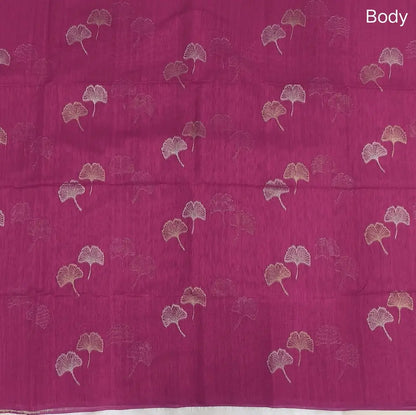 Bright pink premium tussar jamdani saree with gold and silver zari weaving all over, rich weaving on pallu, running blouse with zari woven buttas and borders. NS74