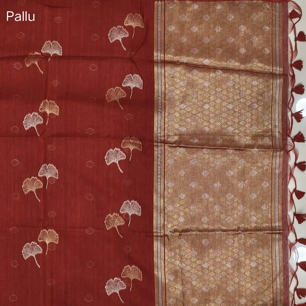 Bright red premium tussar jamdani saree with gold and silver zari weaving all over, rich weaving on pallu, running blouse with zari woven buttas and borders. NS77