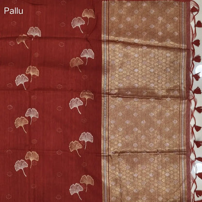Bright red premium tussar jamdani saree with gold and silver zari weaving all over, rich weaving on pallu, running blouse with zari woven buttas and borders. NS77