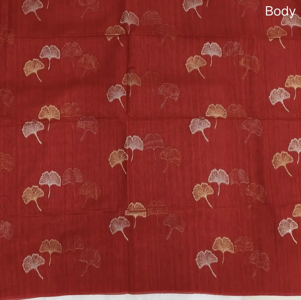 Bright red premium tussar jamdani saree with gold and silver zari weaving all over, rich weaving on pallu, running blouse with zari woven buttas and borders. NS77
