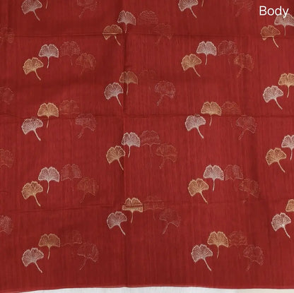 Bright red premium tussar jamdani saree with gold and silver zari weaving all over, rich weaving on pallu, running blouse with zari woven buttas and borders. NS77