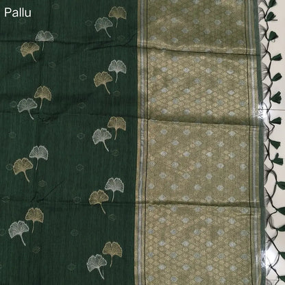 Bottle green premium tussar jamdani saree with gold and silver zari weaving all over, rich weaving on pallu, running blouse with zari woven buttas and borders. NS75
