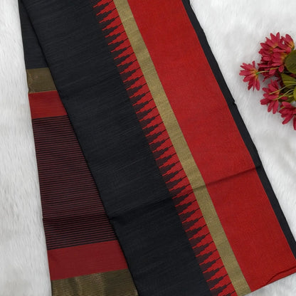 Black with maroon silk cotton saree with thread woven double side borders, zari striped short pallu and contrast blouse with borders. NS84