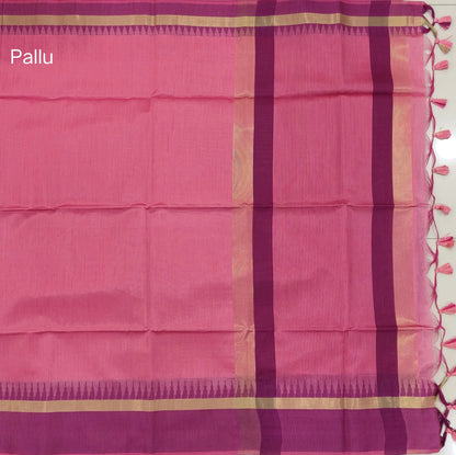 Pink with beetroot purple silk cotton saree with thread woven double side borders, zari striped short pallu and contrast blouse with borders. NS79