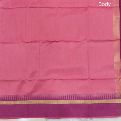 Pink with beetroot purple silk cotton saree with thread woven double side borders, zari striped short pallu and contrast blouse with borders. NS79