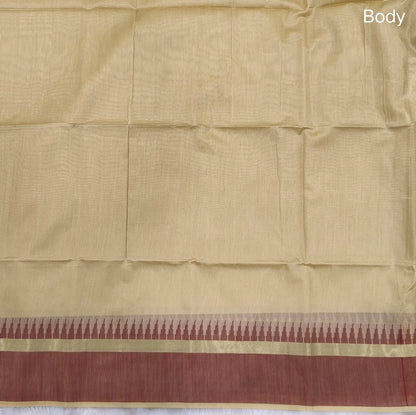 Beige with dark maroon silk cotton saree with thread woven double side borders, zari striped short pallu and contrast blouse with borders. NS80